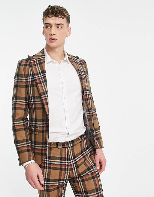 Twisted Tailor nevada skinny suit jacket in beige and blue tartan check ...
