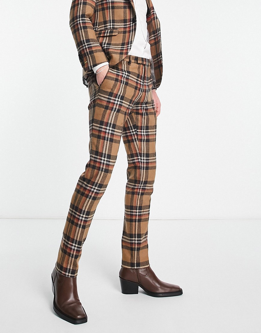 Twisted Tailor nevada skinny suit trousers in beige and blue tartan check-Neutral