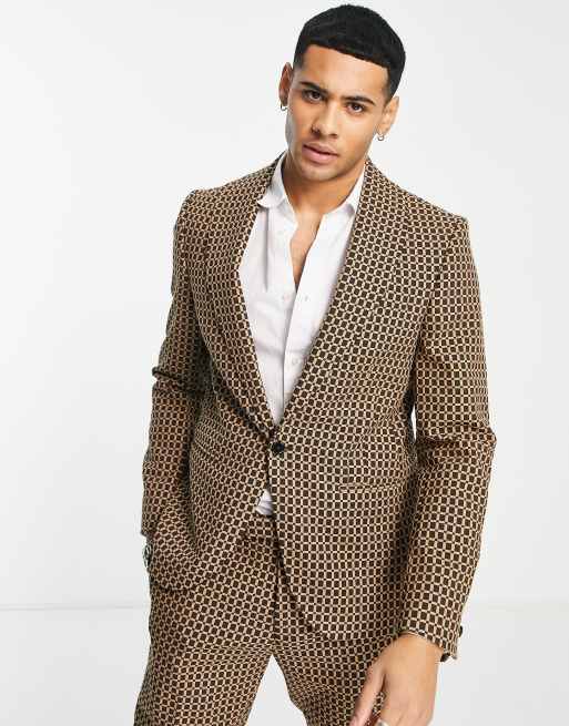Twisted Tailor – Otlam – Anzugjacke in Dunkelbraun mit engem Schnitt und kleinkariertem Muster