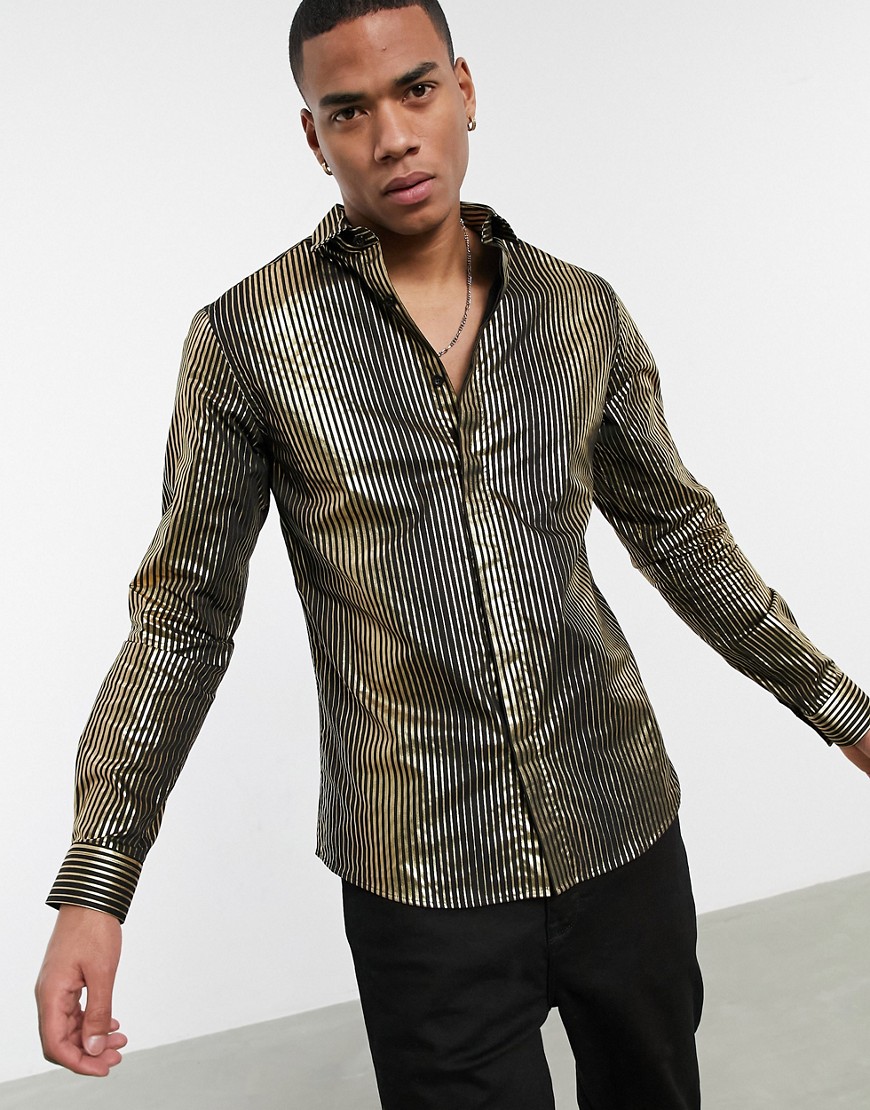 Twisted Tailor - Overhemd in zwarte en gouden metallic strepen