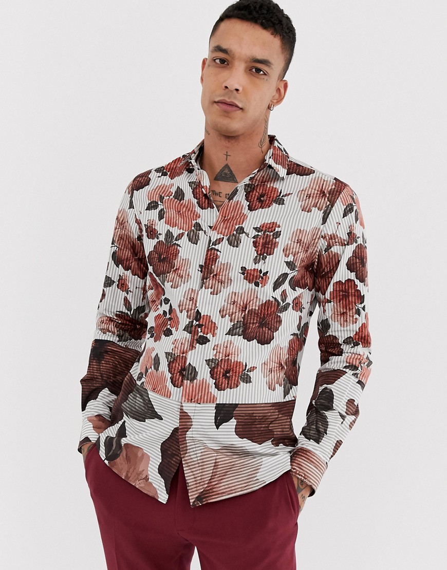 Twisted Tailor - Overhemd met lange mouwen en gespleten bloemen- en strepenprint-Bruin