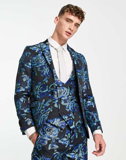 Twisted Tailor - Owsley - Colbert in zwart met groenblauw en mint gebloemde jacquard