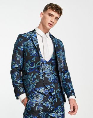 owsley suit jacket in black with teal and mint floral jacquard-Blue