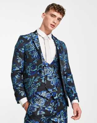 Twisted Tailor owsley suit jacket in black with teal and mint floral jacquard - ASOS Price Checker