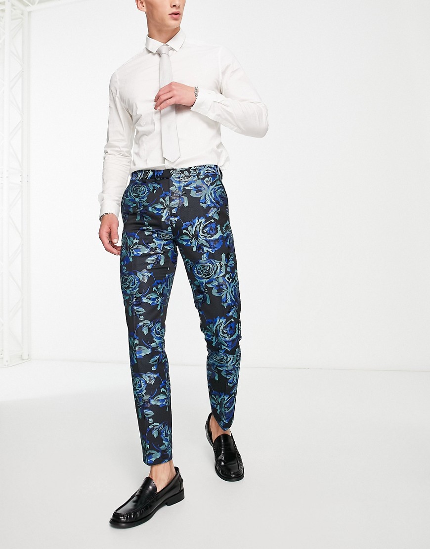 Twisted Tailor owsley suit trousers in black with teal and mint floral jacquard-Blue