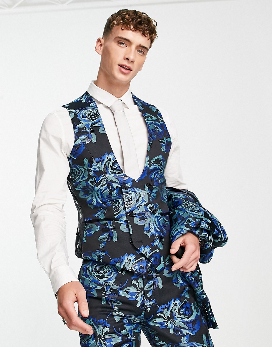 Twisted Tailor owsley suit vest in black with teal and mint floral jacquard