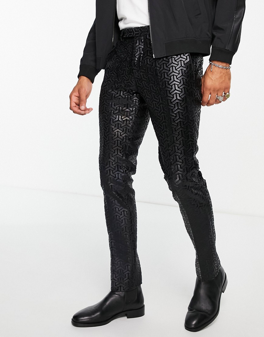 Twisted Tailor - Pantalon élégant à flocage géométrique ton sur ton - Noir