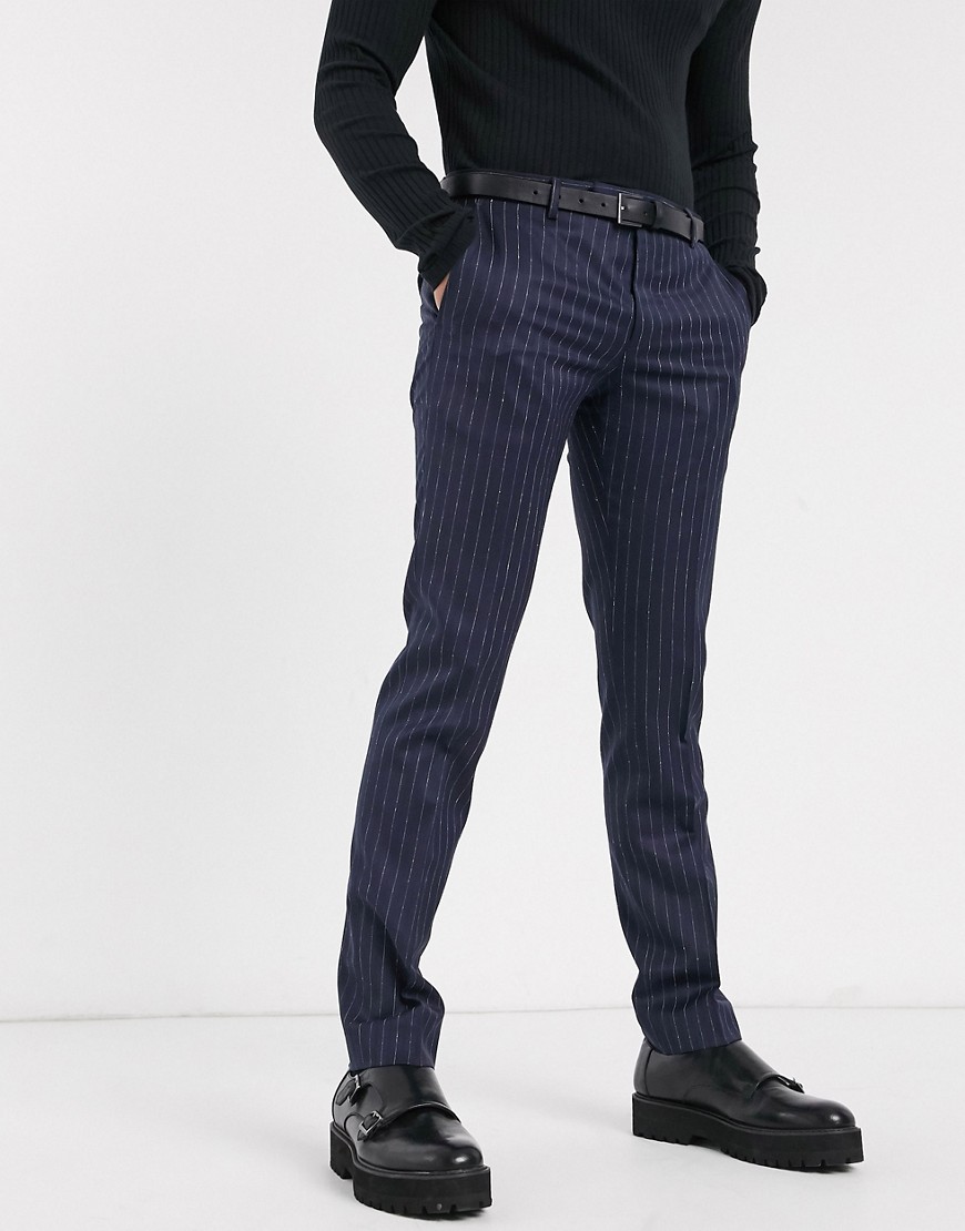 Twisted Tailor - Pantaloni da abito blu navy gessato