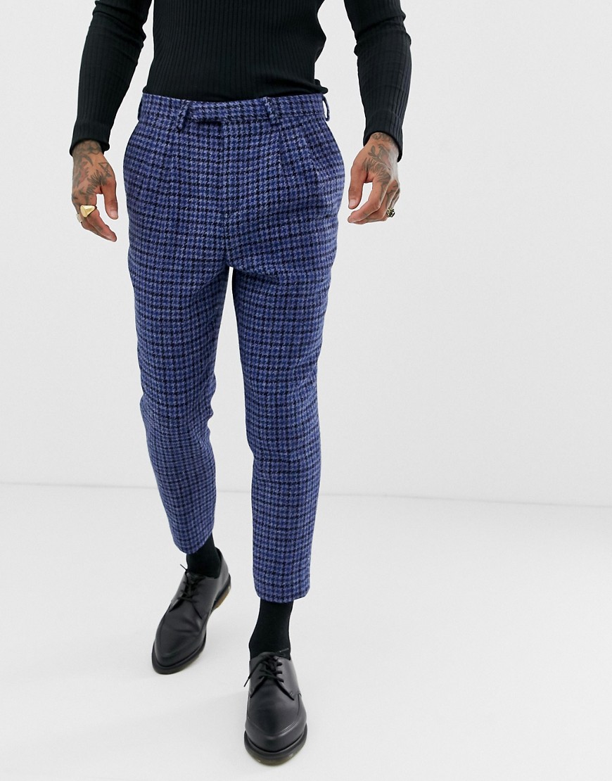 Twisted Tailor - Pantaloni da abito in Harris tweed cropped stretti in fondo-Blu