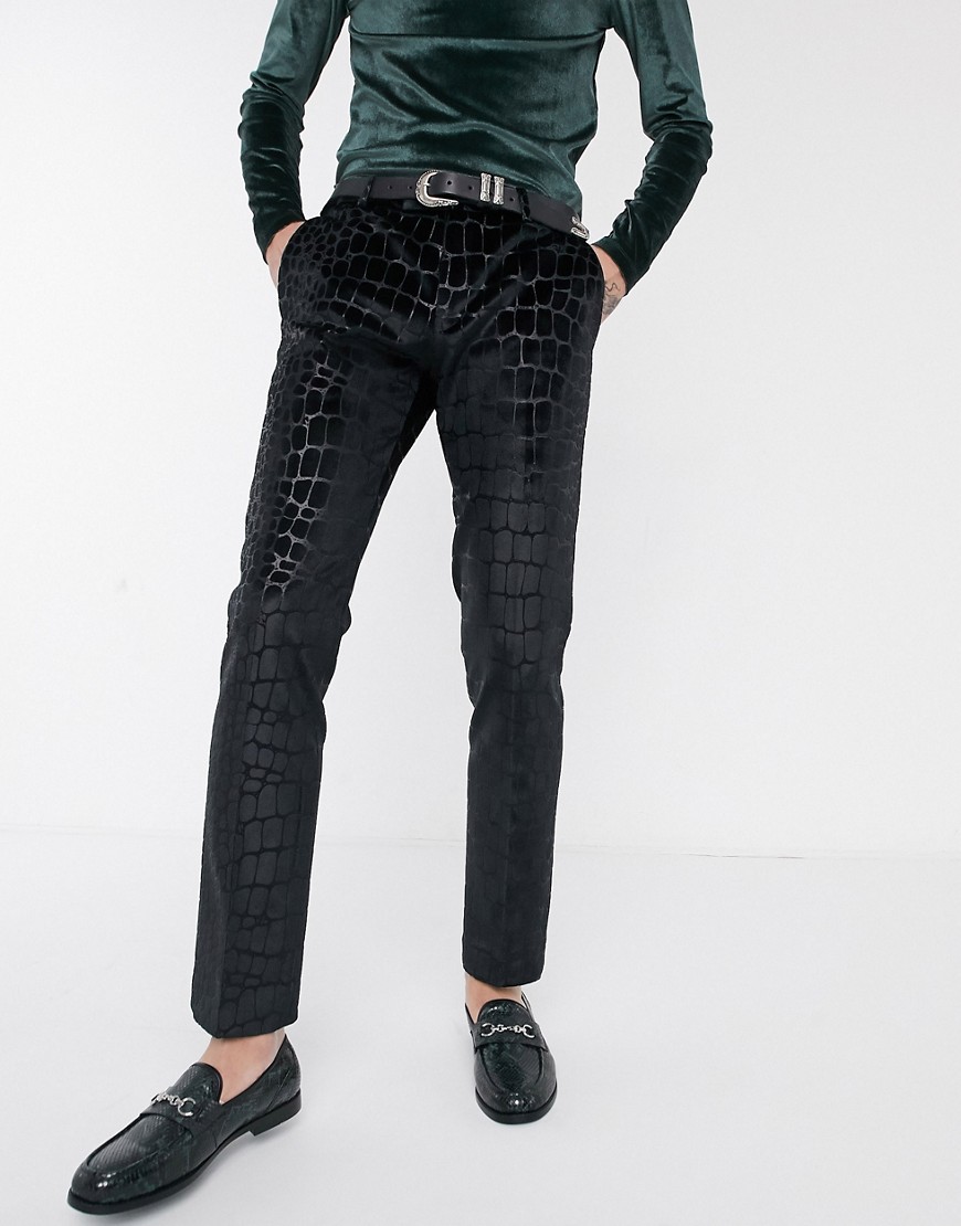Twisted Tailor - Pantaloni da abito neri con stampa coccodrillo floccata-Nero