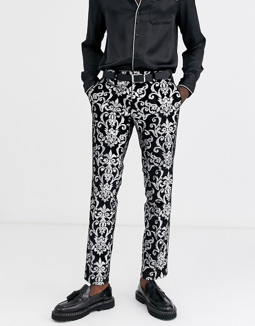 Twisted Tailor - Pantaloni da abito skinny in velluto neri con stampa argento-Nero