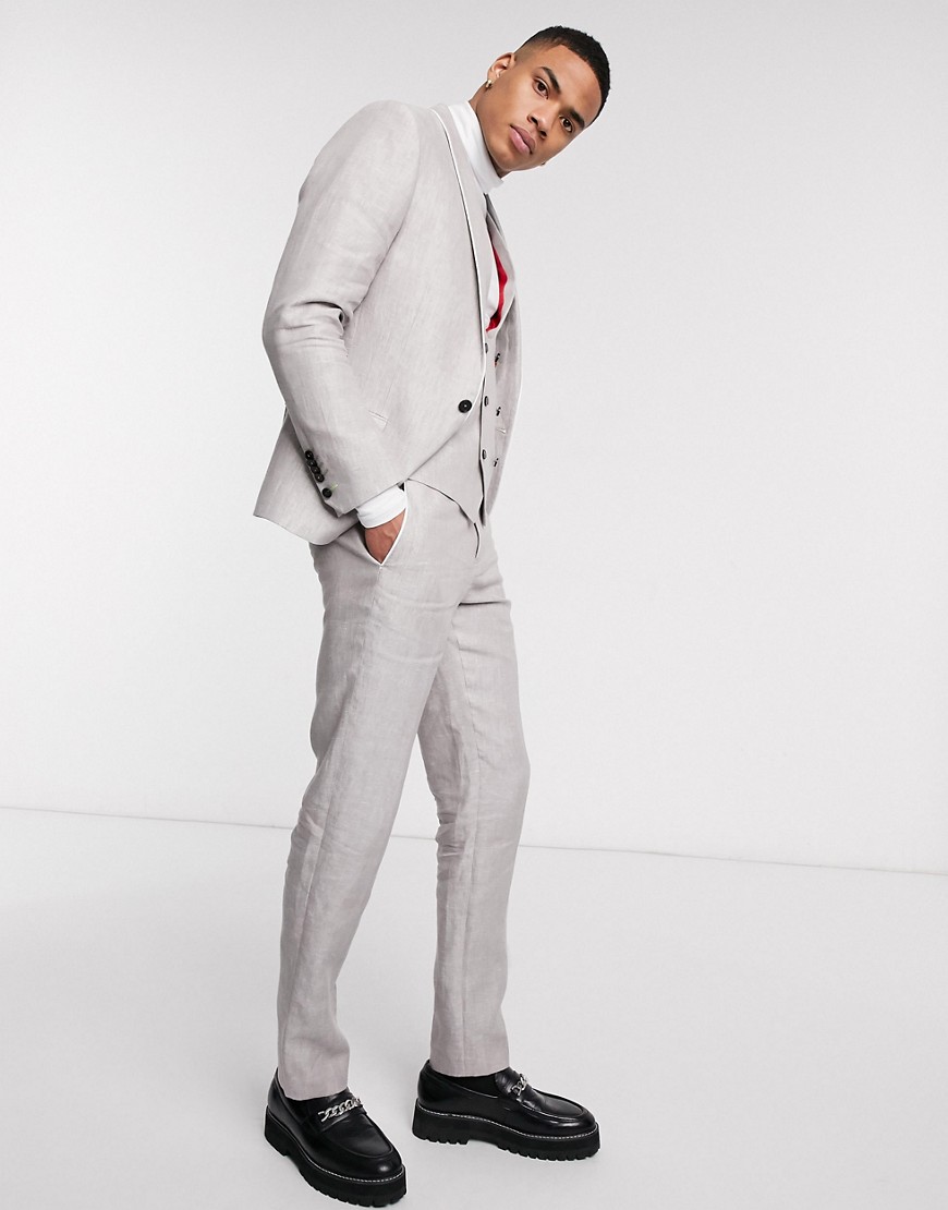 Twisted Tailor - Pantaloni da abito slim in lino grigio pietra