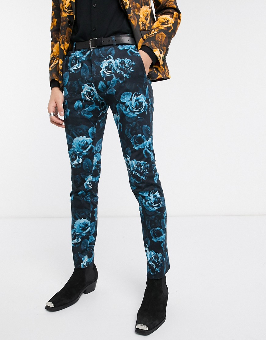Twisted Tailor - Pantaloni da abito super skinny blu a fiori