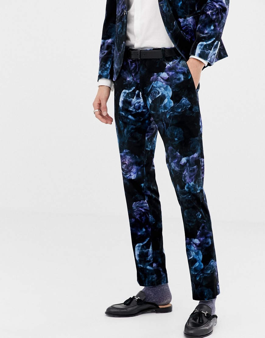 Twisted Tailor - Pantaloni da abito super skinny in velluto stampato a fiori-Navy