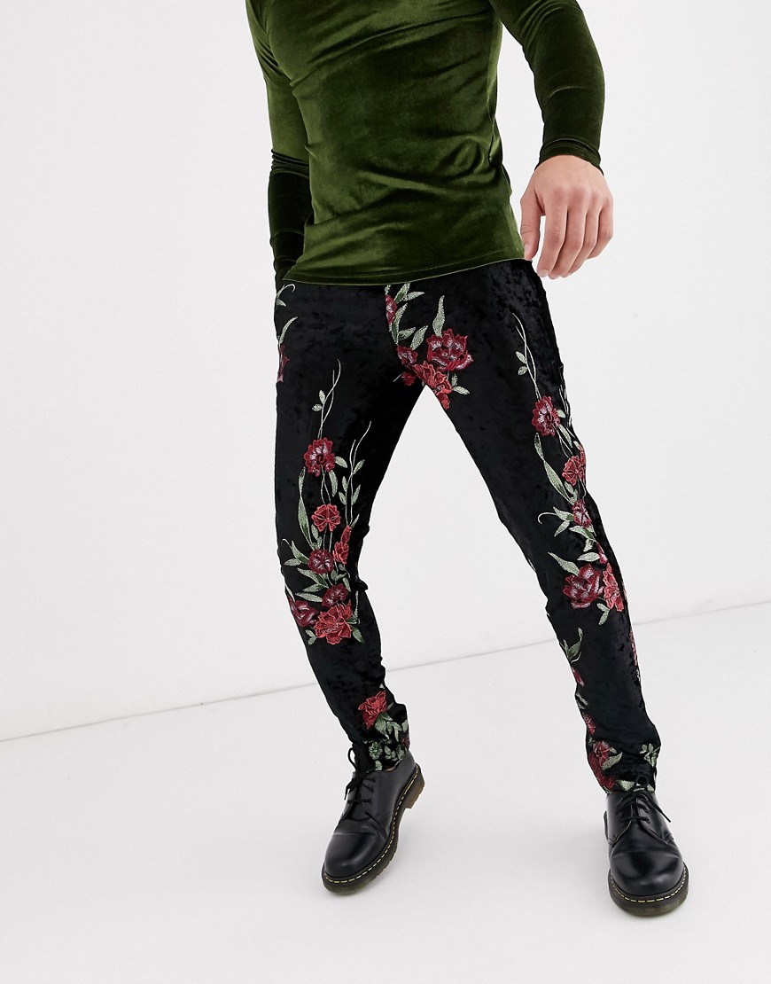 Twisted Tailor - Pantaloni super skinny in velluto jacquard nero a fiori