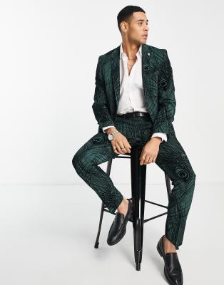 Twisted Tailor Pavo skinny suit jacket in bottle green with peacock ...