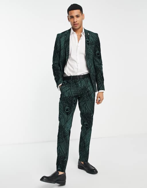 Twisted Tailor Pavo skinny suit pants in bottle green with peacock flocking