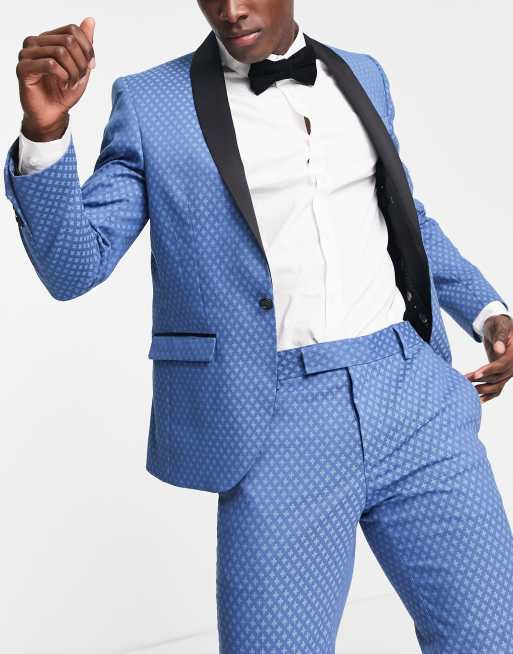 Twisted Tailor – Perlman – Niebieska marynarka garniturowa o obcisłym kroju w żakardowy wzór z czarnymi klapami