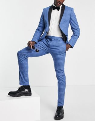 Twisted Tailor perlman skinny fit suit trousers in blue jacquard with black side stripe