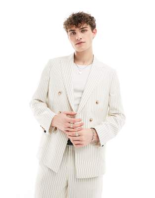 pinstripe double breasted slim suit jacket in cream-White