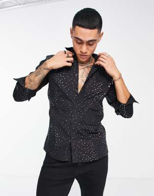 TWISTED TAILOR PIPI SLIM SHIRT IN BLACK WITH POLKA DOT FOIL PRINT