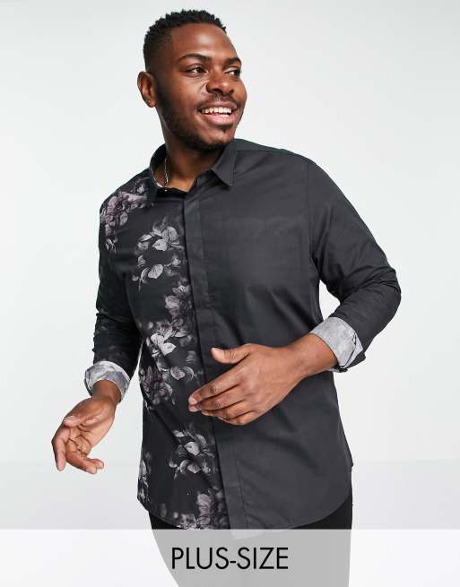 Twisted Tailor Plus - Camicia a maniche lunghe nera e rosa a fiori sfumati