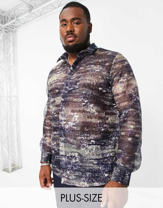 Twisted Tailor Plus caples shirt in blue snakeskin mesh