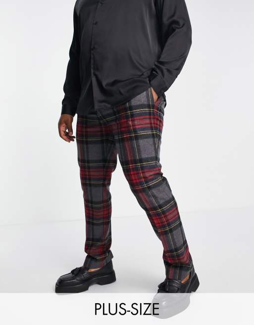 Twisted Tailor Plus Cardosi slim fit smart pants in grey and red check with pocket chain