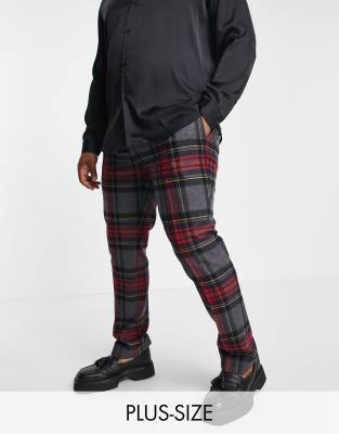 Twisted Tailor Plus cardosi slim fit smart trousers in grey and red check with pocket chain