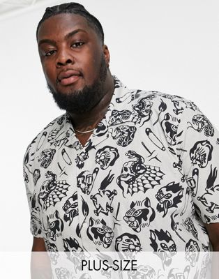 Twisted Tailor Plus declan revere collar short sleeve shirt in white with black tattoo print - ASOS Price Checker