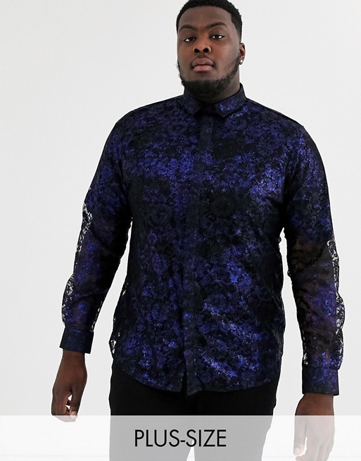 Twisted Tailor Plus lace shirt with blue metallic print