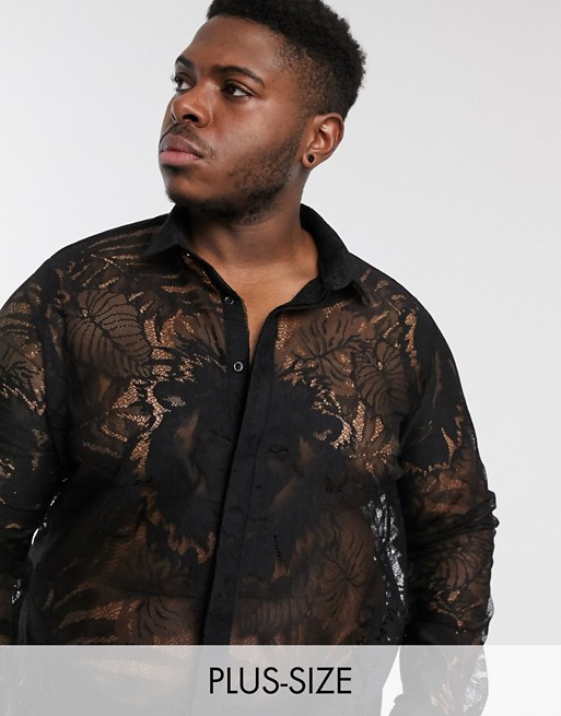 Twisted Tailor PLUS lace shirt with palm and tiger print in black