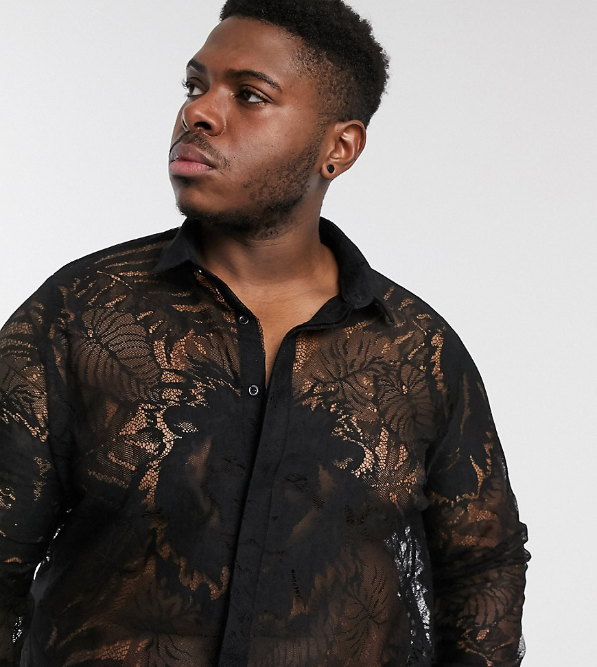 Twisted Tailor PLUS lace shirt with palm and tiger print in black