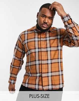Twisted Tailor plus long sleeve flannel shirt in brown check