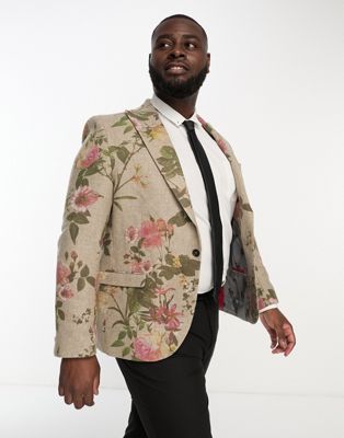 TWISTED TAILOR PLUS SEMBER SUIT JACKET IN BEIGE WOOL WITH PLACEMENT FLORAL PRINT-NEUTRAL
