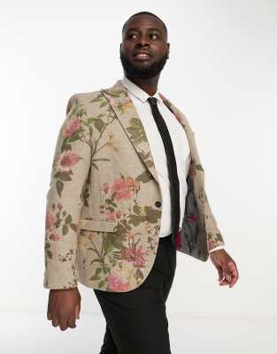 Twisted tailor Plus sember suit jacket in beige wool with placement floral print