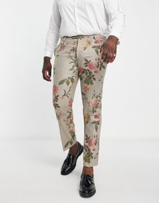 Twisted tailor Plus sember suit trousers in beige wool with placement floral print