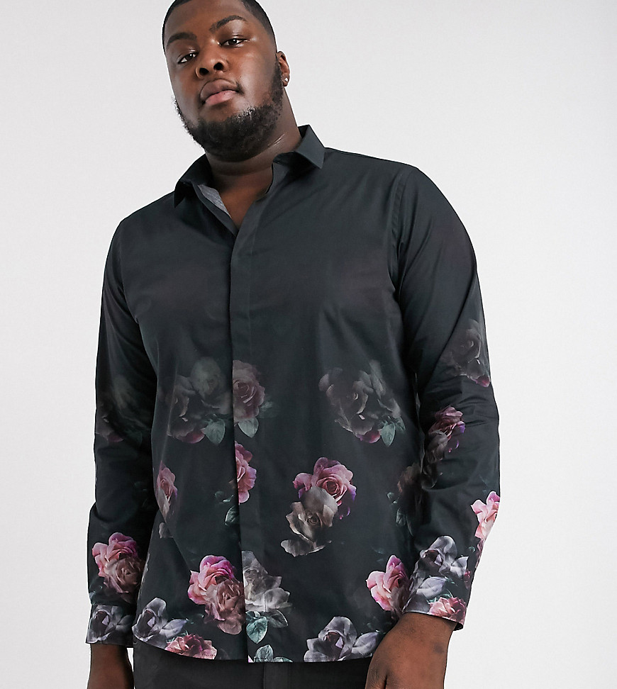 Twisted Tailor Plus Shirt With Faded Rose Print In Black
