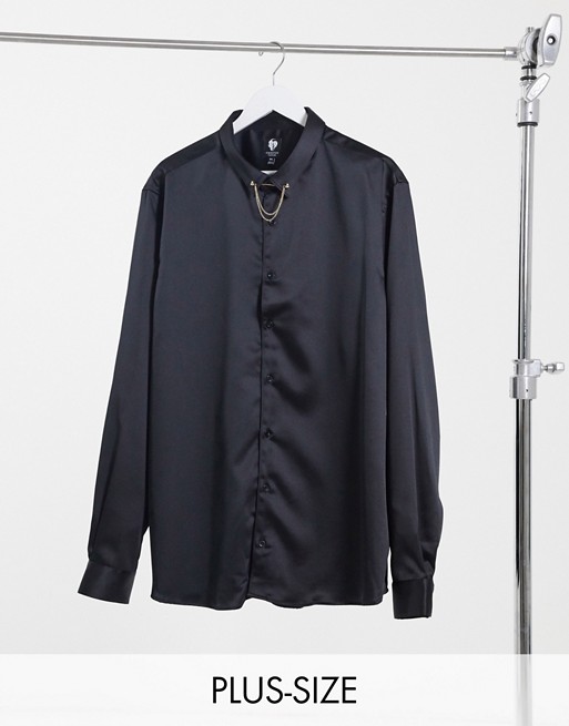 Twisted Tailor PLUS skinny shirt with double collar chain in black satin