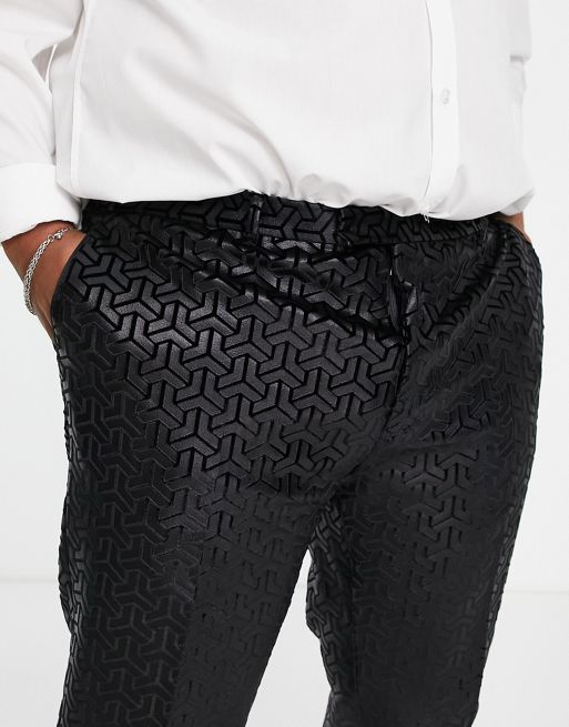 Twisted Tailor Plus smart pants in black with tonal geometric flocking