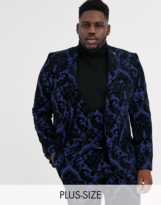 Twisted Tailor Plus suit jacket with baroque flocking in blue
