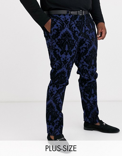 Twisted Tailor Plus suit trouser with baroque flocking in blue