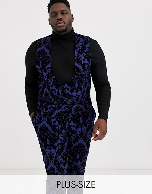 Twisted Tailor Plus suit waistcoat with baroque flocking in blue