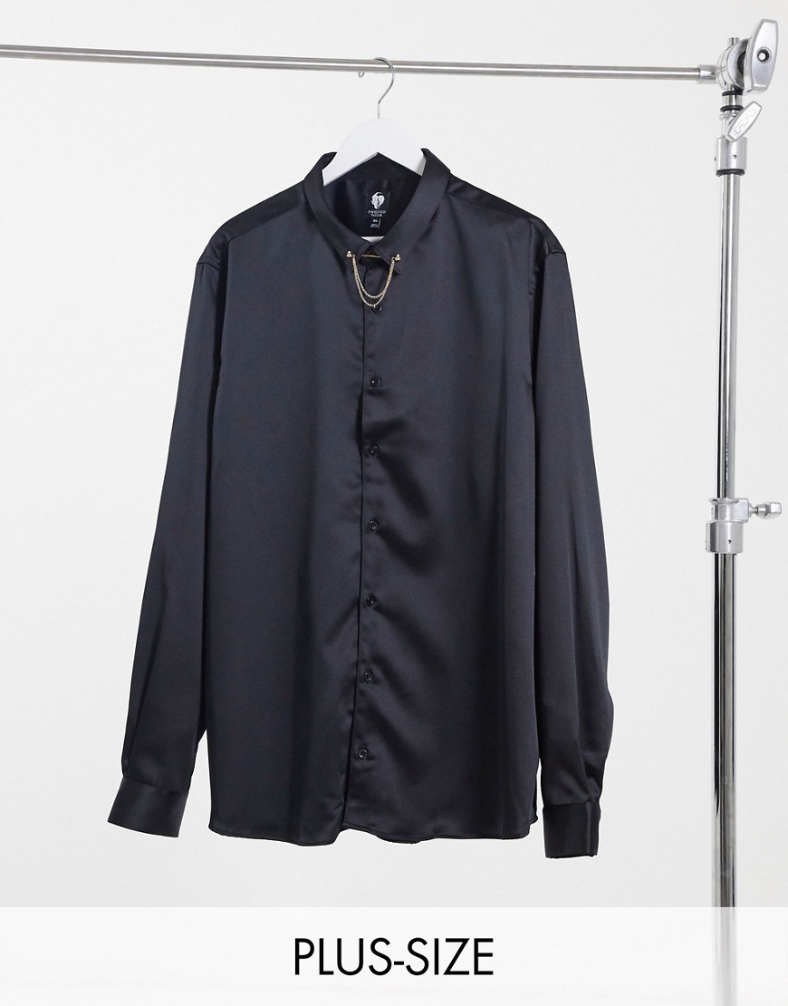 Twisted Tailor Plus – Svart satinskjorta i skinny-passform med dubbel kedja i kragen