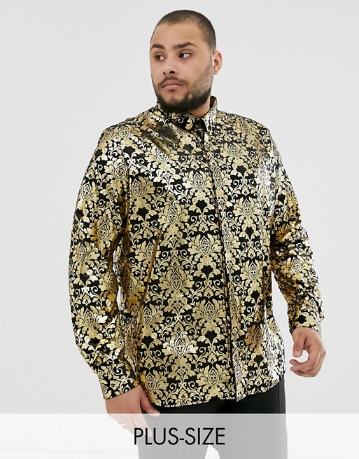Twisted Tailor Plus velvet shirt with gold baroque print