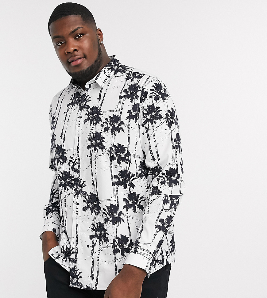 Twisted Tailor – Plusstorlek – Vit skjorta med extra smal passform och svart bläckmönster med palmer