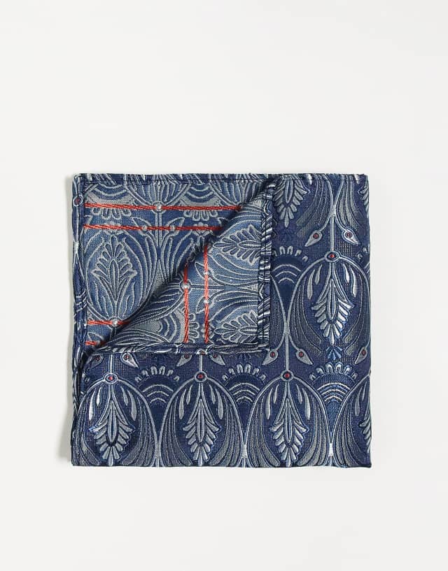 Twisted Tailor pocket square in blue with peacock design