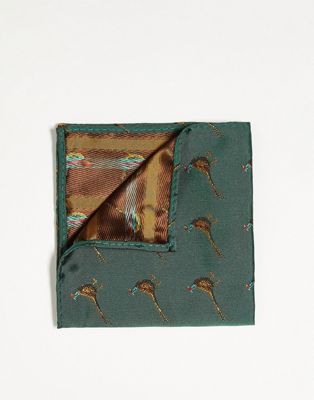 Twisted Tailor pocket square in forest green with pheasant all over print