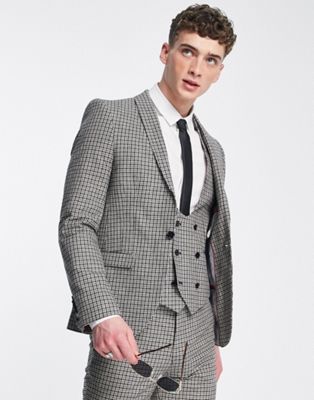 pudwill slim fit suit jacket in beige and navy micro check-Multi