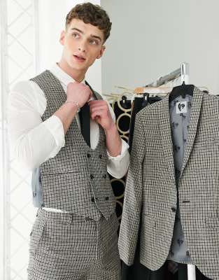 Twisted Tailor pudwill suit vest in beige and navy micro check